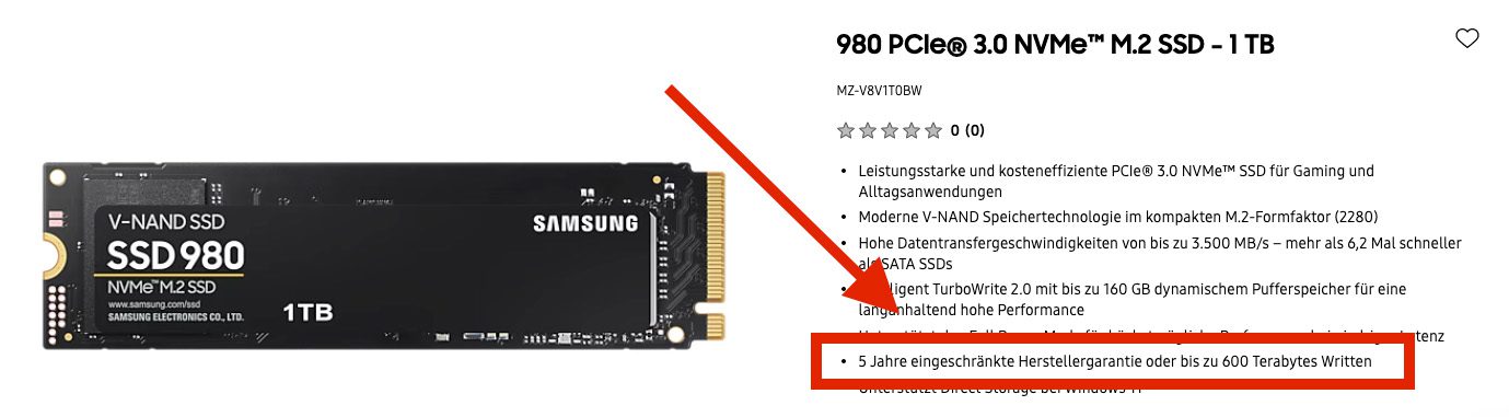 An diesem Beispiel sieht man die Angabe des Herstellers Samsung zur Lebensdauer seiner SSD (Quelle: Samsung).