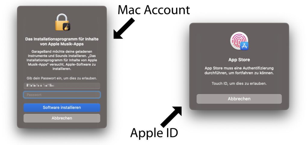 Um euch echte Passwort-Abfragen zeigen zu können, habe ich einen Inhalte-Download in GarageBand und einen Download aus dem Mac App Store genutzt. Links seht ihr die Passwortabfrage für den aktuell genutzten Account unter macOS am Apple Mac. Rechts seht ihr die Touch ID Abfrage für die App-Installation. Verwendetes System: macOS Ventura.