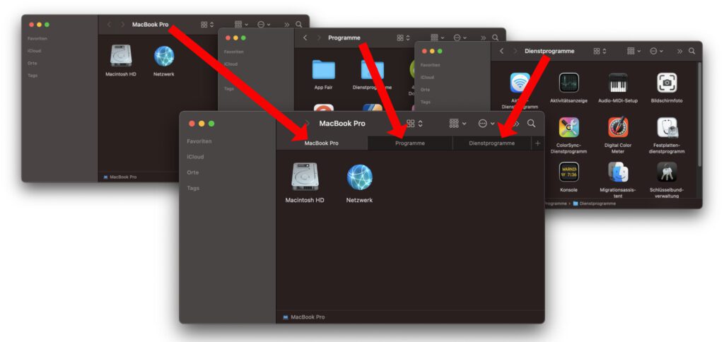 Am Apple Mac kann man mehrere Finder-Fenster in einem zusammenführen und die Ordner einfach als Tabs nutzen. Das vereinfacht die Arbeit mit verschiedensten Speicherorten.