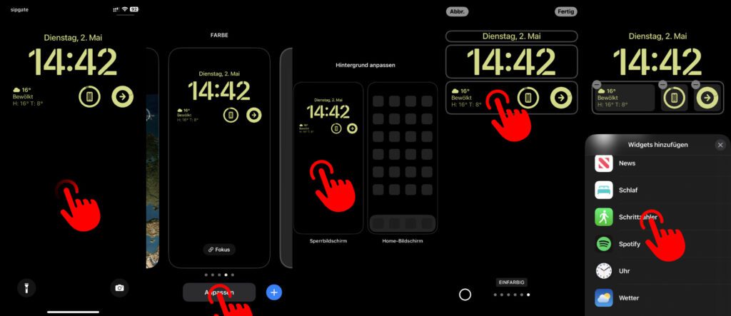 Startet die Bearbeitung des Sperrbildschirms und wählt für den Widget-Bereich unter der Uhr "Schrittzähler" aus der App-Liste aus.