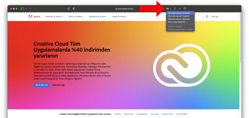 Als erstes ruft ihr die türkische Adobe-Website auf und lasst sie automatisch übersetzen. So könnt ihr sie auf Deutsch, Englisch oder einer anderen Sprache nutzen.