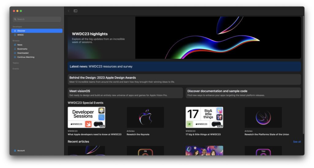 Die Developer App von Apple bietet neben den WWDC-Videos auch Mitteilungen in Text- und Bildform sowie Links zu entsprechenden Apple-Webseiten. Zudem erscheinen auch abseites der Juni-Konferenz Updates für Entwickler/innen.