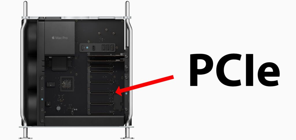 Im Mac Pro 2023 mit M2 Ultra stehen sechs PCIe-Slots für Netzwerk- und Speicherkarten, digitale Soundverarbeitung (DSP) und Serial Digital Interface (SDI) sowie für ähnliche Erweiterungen zur Verfügung. Grafikkarten werden aber nicht unterstützt. Hier findet ihr die Gründe dafür.