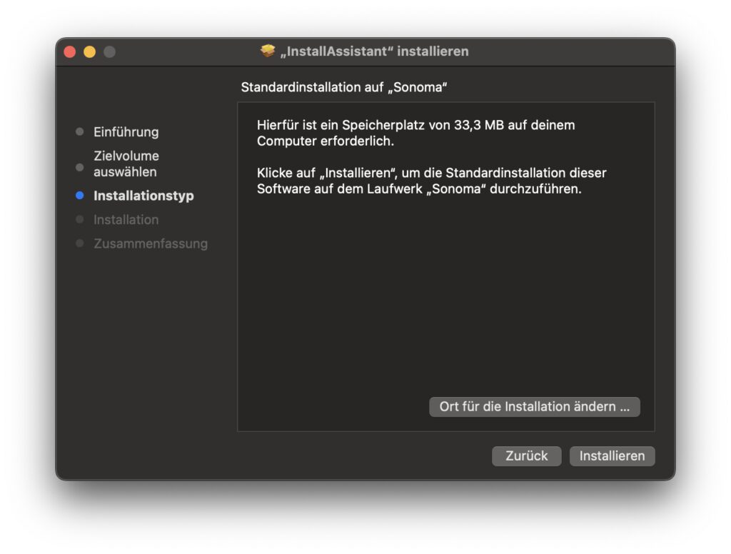 Keine Angst vor der pkg-Datei mit der Beta von macOS 14 Sonoma. Deren Installationsassistent erstellt lediglich ein Installationsprogramm. Dies sieht man schon an der Größe von lediglich 33,3 MB.
