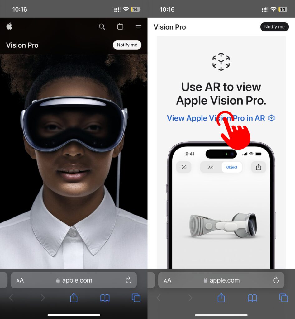 Über die Apple-eigene Webseite zum neuen Mixed-Reality-Headset könnt ihr euch die AR-Ansicht nachhause holen.