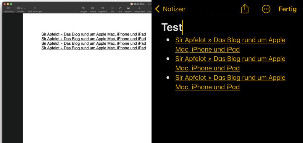 Links seht ihr die am Mac eingefügten Verlinkungen, und rechts jene am iPhone. Es werden die Webseitentitel eingesetzt und mit den jeweiligen URLs verlinkt.