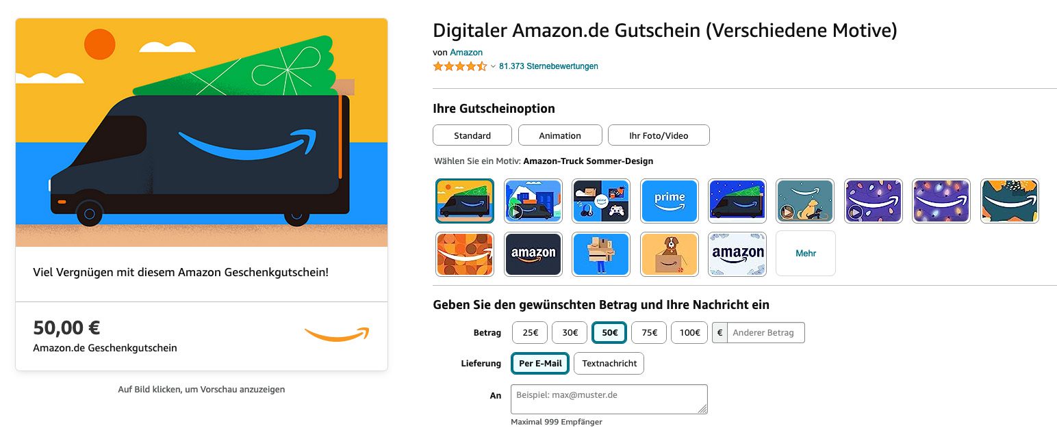 Die digitalen Gutscheine bei Amazon lassen sich mit diversen Motiven und Wertbeträgen konfigurieren.