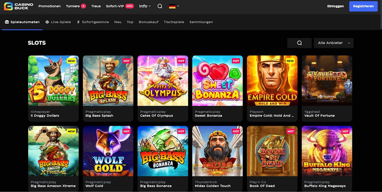 Bildschirmfoto der Spielautomaten im Skrill Online Casino CasinoBuck Casino