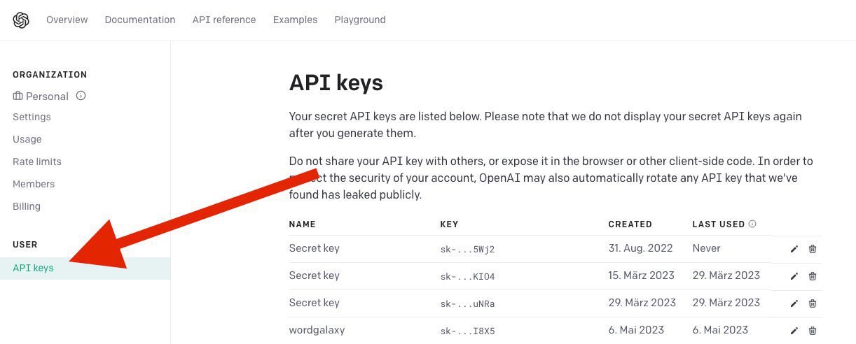 Im OpenAI Account gibt es in der Seitenleiste den Bereich "API Keys".