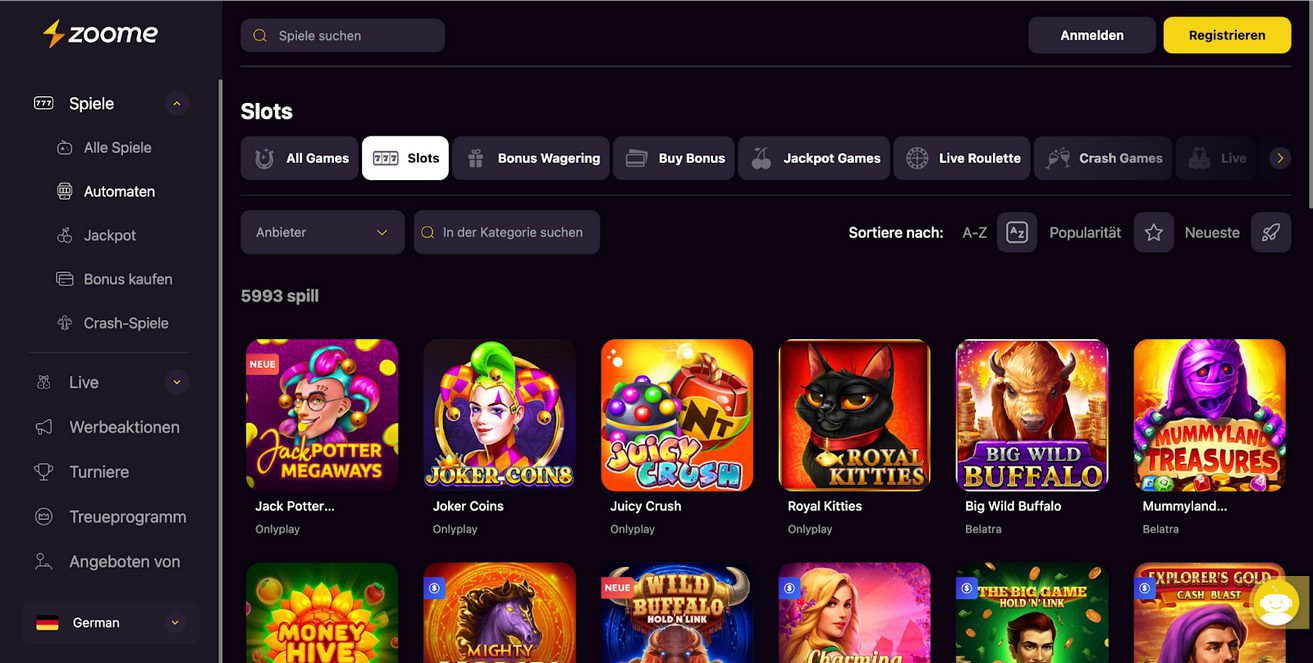 Bildschirmfoto der Spielautomaten im Skrill Online Casino Zoome Casino