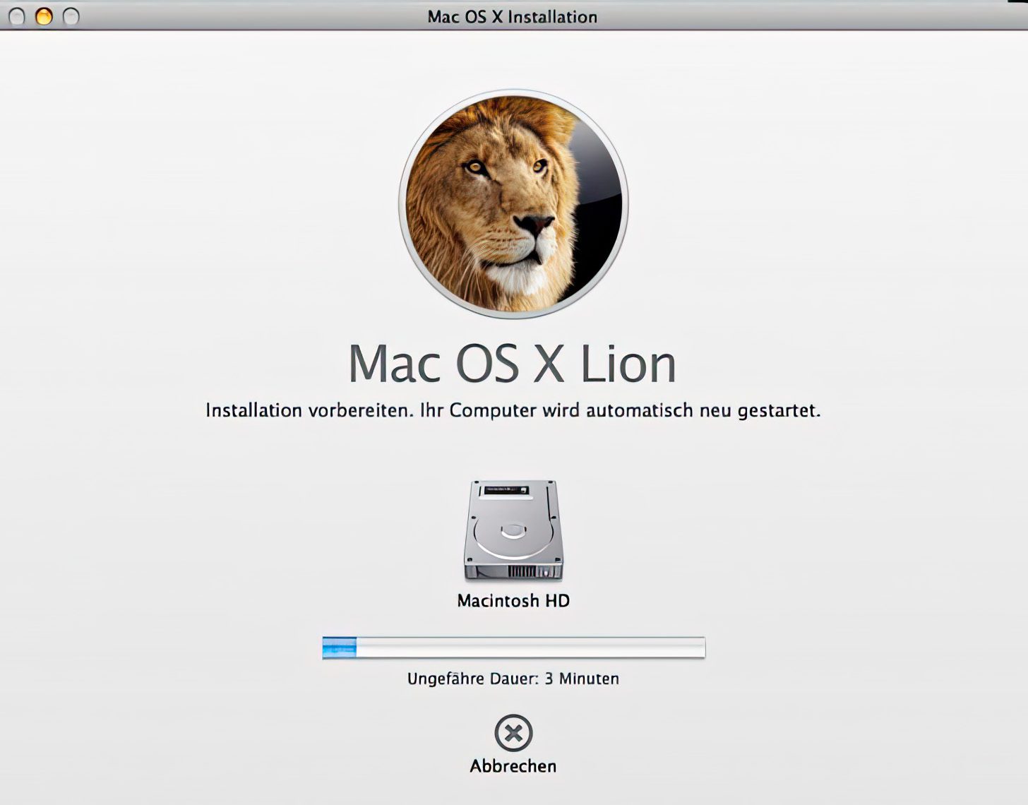 So sollte die OS X Lion Installation bei euch auch ablaufen, wenn alle glatt läuft.
