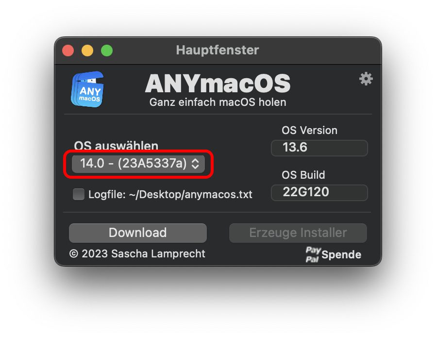 Wie ihr seht, könnt ihr z. B. an einem Mac mit macOS Ventura 13.6 das neue Betriebssystem mit der Versionsnummer 14 herunterladen. Über ANYmacOS lässt sich zudem ein Installationsmedium erstellen, über das dann die Installation realisiert werden kann.