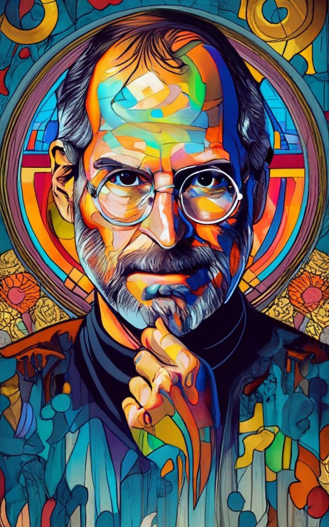 Das klassische Steve Jobs Portrait in Glasmalerei-Optik – gemacht mit Ideogram.