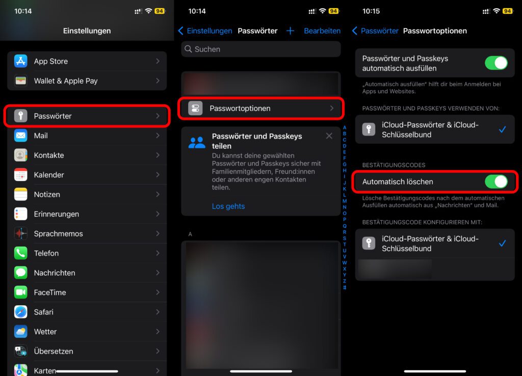 Um am iPhone automatisch 2FA-Codes löschen zu lassen, wenn diese verwendet wurden, ruft ihr Einstellungen -> Passwörter -> Passwortoptionen auf.