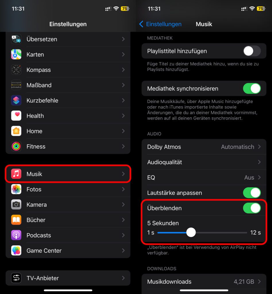 Unter Einstellungen -> Musik findet ihr ab iOS 17 die Möglichkeit, die Überblenden-Funktion zu (de)aktivieren. Achtet dabei auch auf den Hinweis, dass das Feature nicht für AirPlay genutzt werden kann.