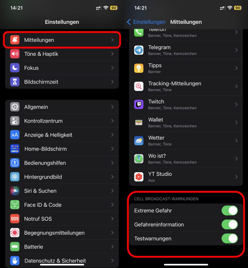 In aktuellen iOS-Versionen findet ihr die iPhone-Einstellungen für Cell Broadcast Warnungen und Testwarnungen im Bereich "Mitteilungen".