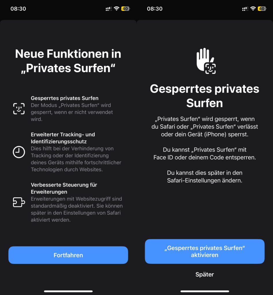 Öffnet ihr nach dem Upgrade auf iOS 17 in Safari einen privaten Tab, dann werden euch die neuen Schutz-Funktionen erklärt. "Gesperrtes privates Surfen" müsst ihr dabei selber aktivieren bzw. könnt es vorerst verwerfen.