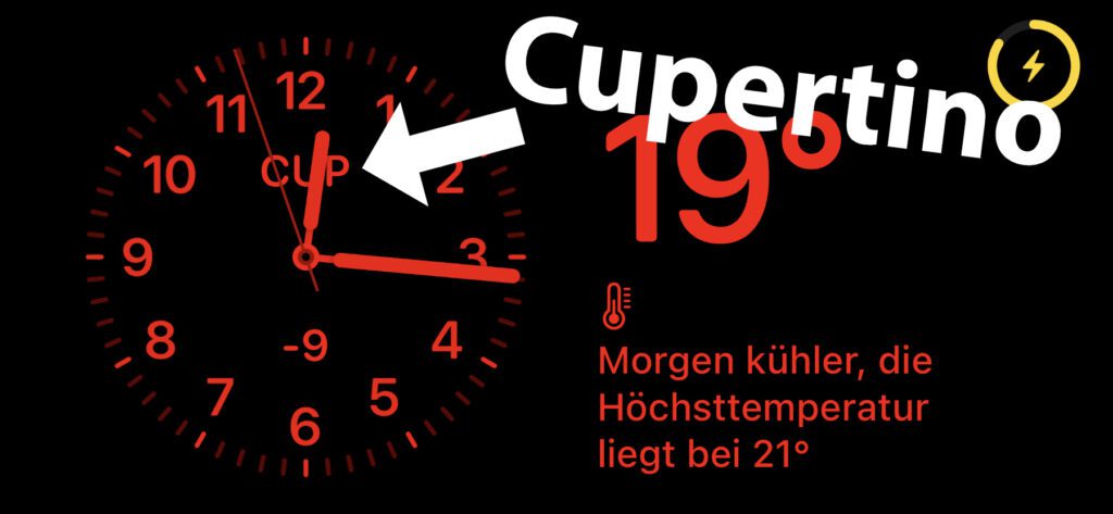 Scheinbar kein seltenes Problem: iPhone StandBy zeigt Cupertino (CUP) und die falsche Uhrzeit an. Eure eigene Stadt und Zeitzone stellt ihr ein, indem ihr das Uhr-Widget anpasst.