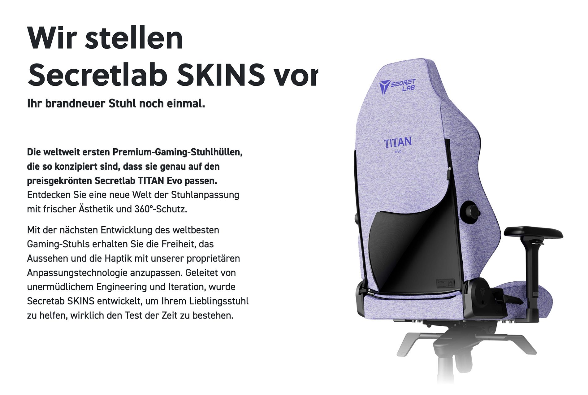 Auf der Webseite von Secretlab ist nochmal erklärt, was ein Skin für einen der Stühle ist – im Prinzip ist es ein extra Überzug, den man kaufen kann.