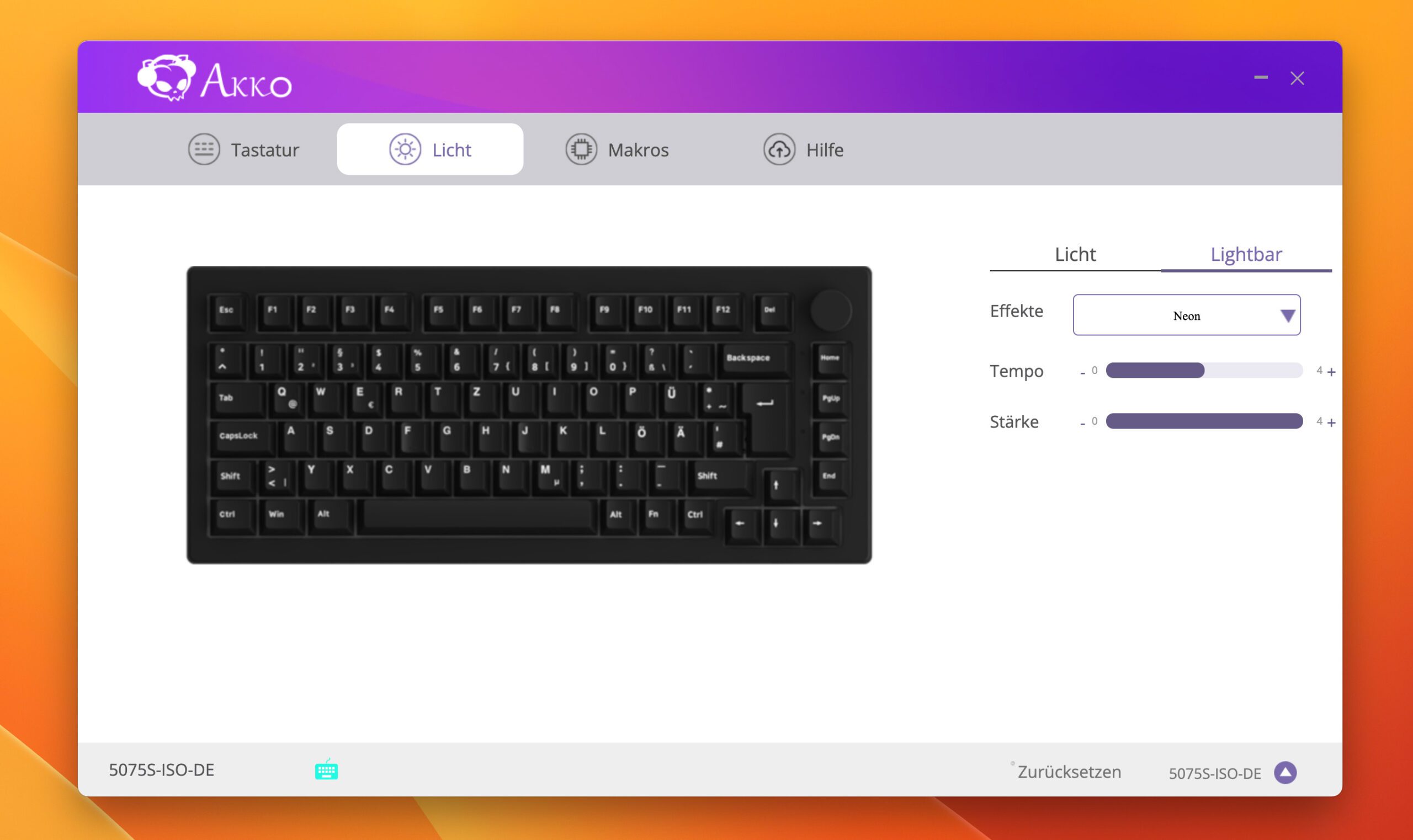 Hier in der Akko App kann man sowohl die Lichteffekte für die Tastatur einstellen als auch die für die Seitenleiste.