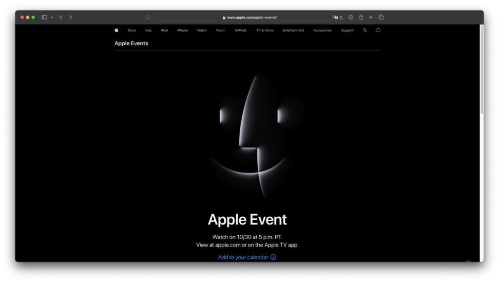 Ein aktueller Blick auf die Event-Unterseite von apple.com. Hier gibt es den Hinweis darauf, dass am kommenden Montag bzw. Dienstag eine Mac-Präsentation ansteht. Die Uhrzeit soll bitte nicht zur Gewohnheit werden.