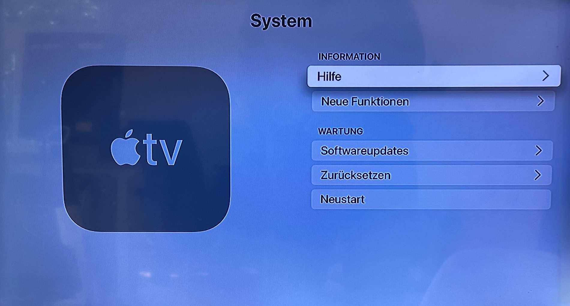 Über Allgemein > System erreicht man diese Seite, auf der die Option zum Zurücksetzen des Apple TV zu finden ist.