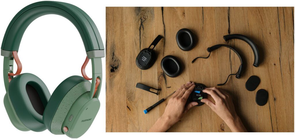 Die Fairphone Fairbuds XL Over-Ear-Kopfhörer, die in grün und schwarz angeboten werden, lassen sich leicht auseinander nehmen und reparieren. Bilder: Fairphone Pressematerial