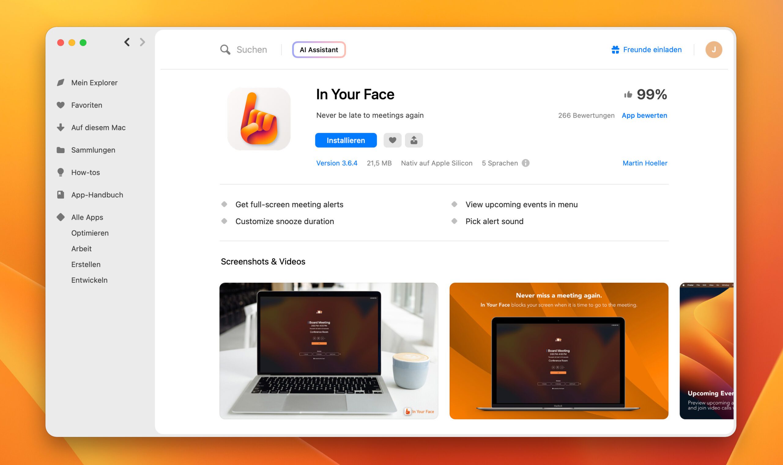 Die App "In Your Face" ist auch über Setapp erhältlich – für mich die beste Wahl, da es bei dem Abo noch viele andere tolle Mac-Apps gibt.