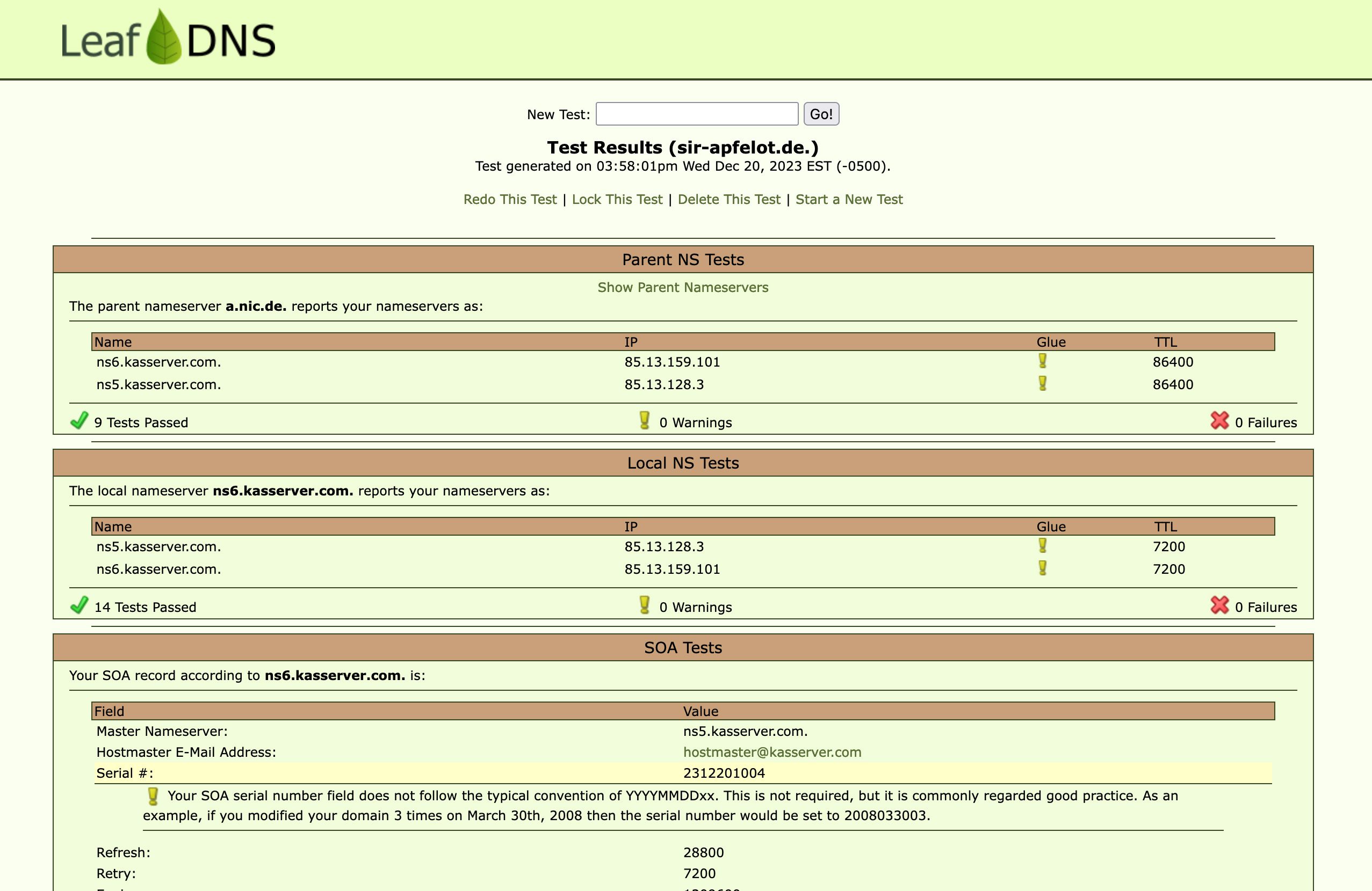 Hier sieht man die Ausgabe des Tools LeafDNS, wenn man sir-apfelot.de als Testdomain einträgt.
