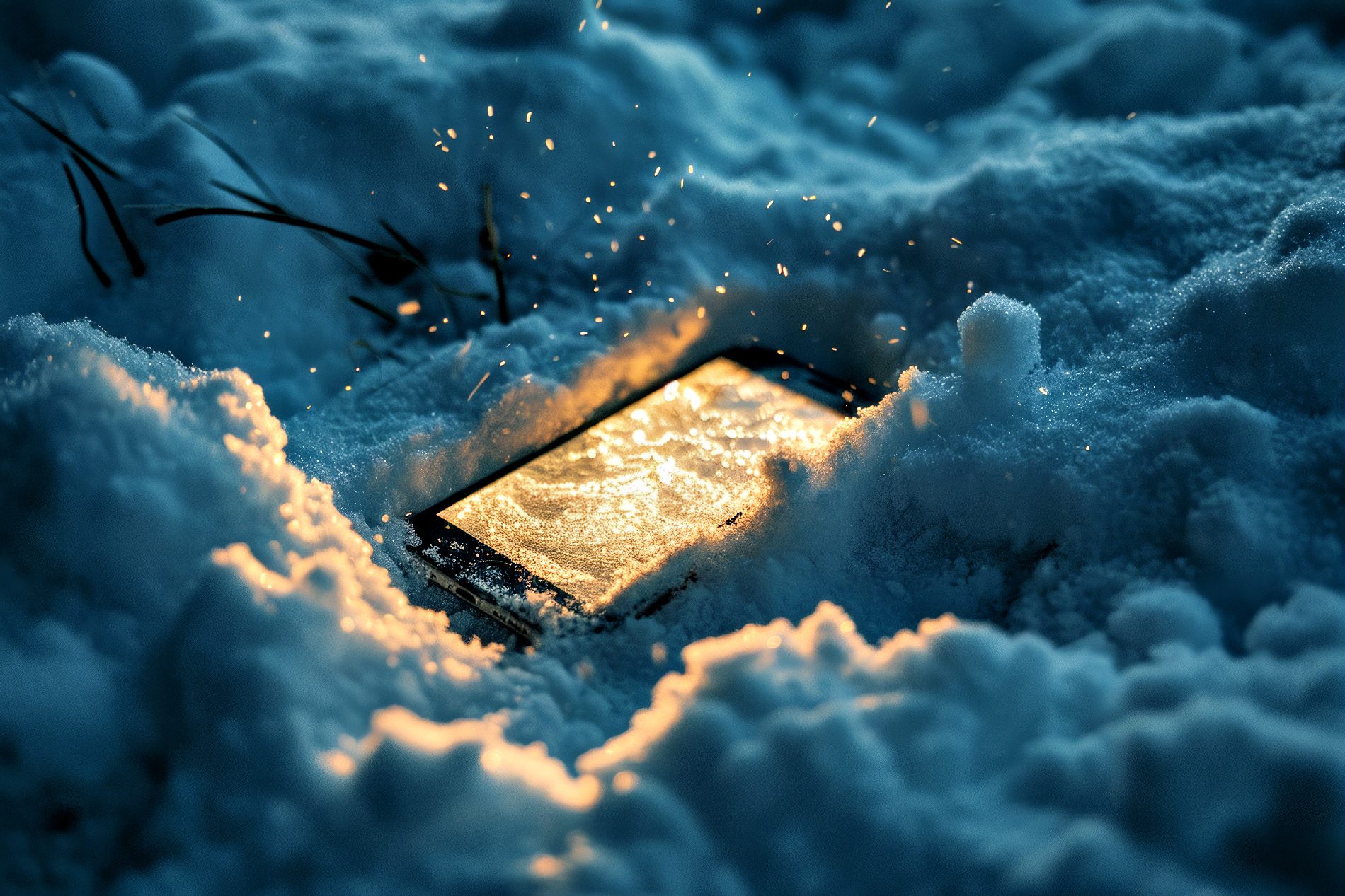 Ein iPhone im Schnee – fotografiert in der Nacht.