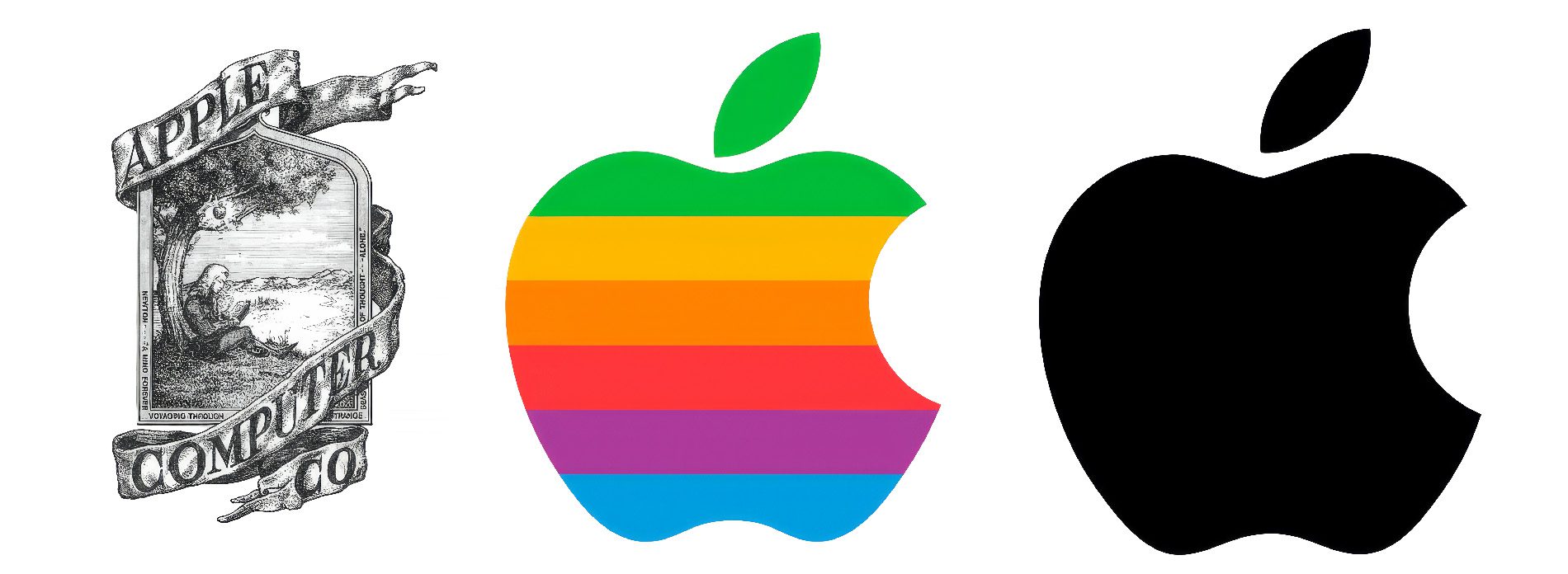 Das Apple Logo hat sich über die Jahre geändert. Ganz links ist das erste Apple Logo zu sehen.