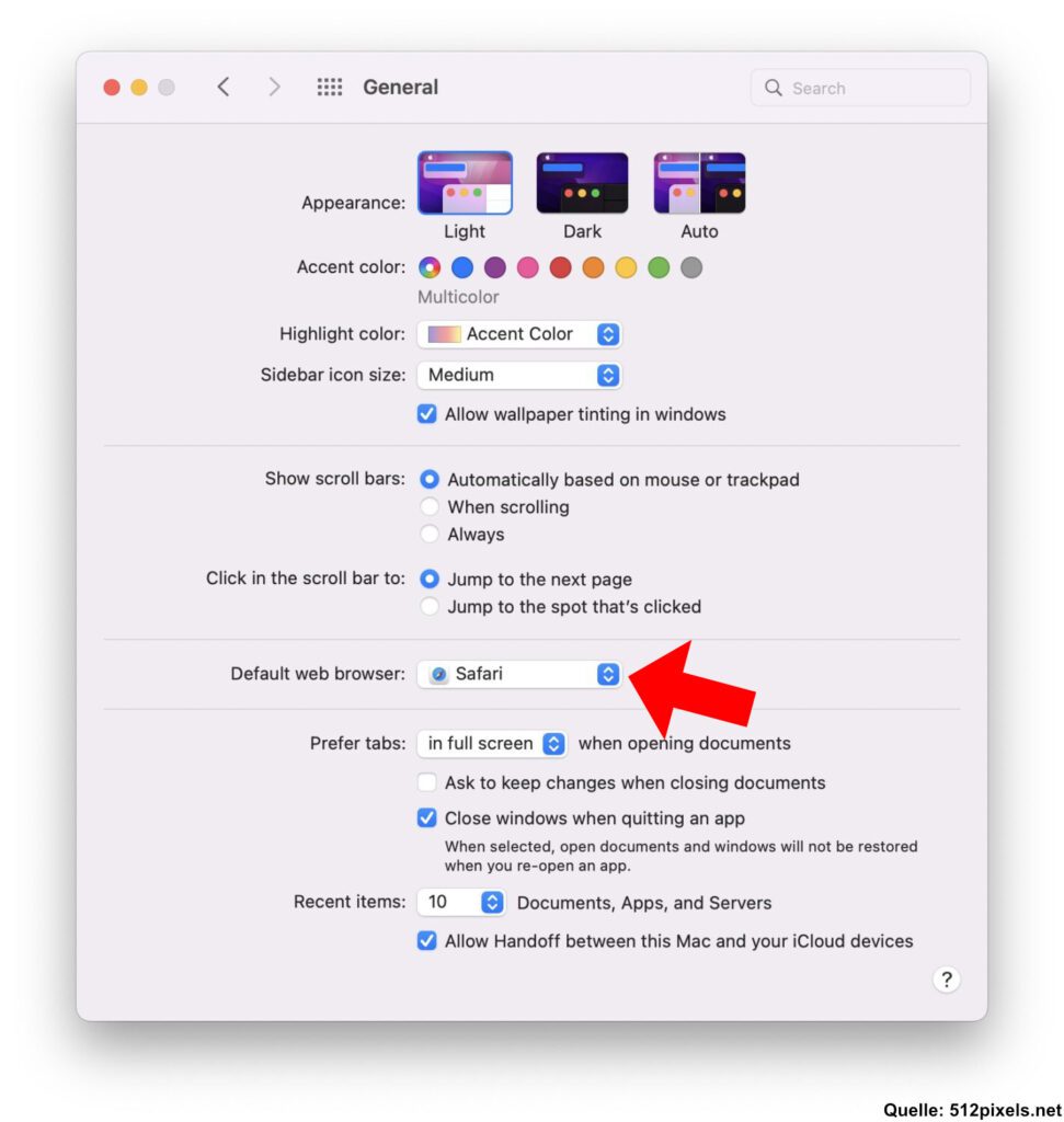 So sieht es aus, wenn man den Standard-Webbrowser in macOS 12 Monterey ändern möchte. Der Screenshot stammt aus dem macOS-Screenshot-Archiv von 512pixels.net.