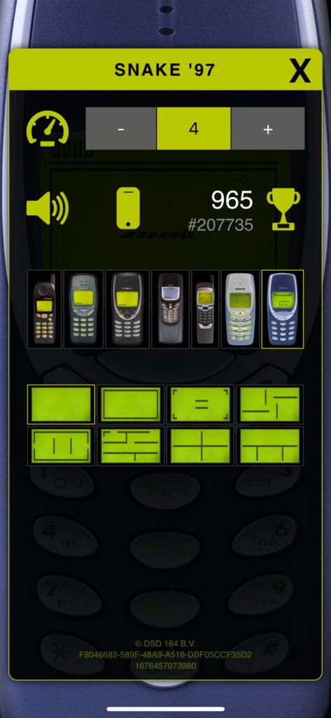 In den Einstellungen der App lassen sich verschiedene Optionen wählen, unter anderem die Geschwindigkeit der Schlange, das zu simulierende Nokia-Handy und das Labyrinth (in Snake II).
