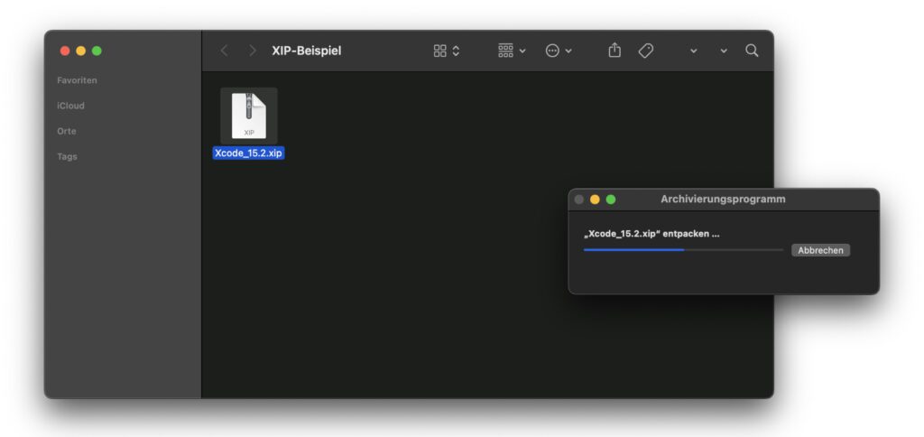 Wichtige Web-Downloads von Apple, deren Sicherheit überprüfbar sein muss, werden als .xip-Archiv angeboten. Ein Beispiel dafür ist die Xcode App.