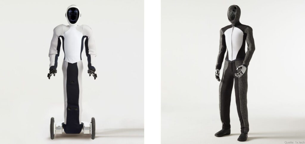 EVE (links) ist der bereits erhältliche Roboter von 1X Technologies. Das zweite Modell, NEO (rechts), befindet sich noch in der Entwicklung.