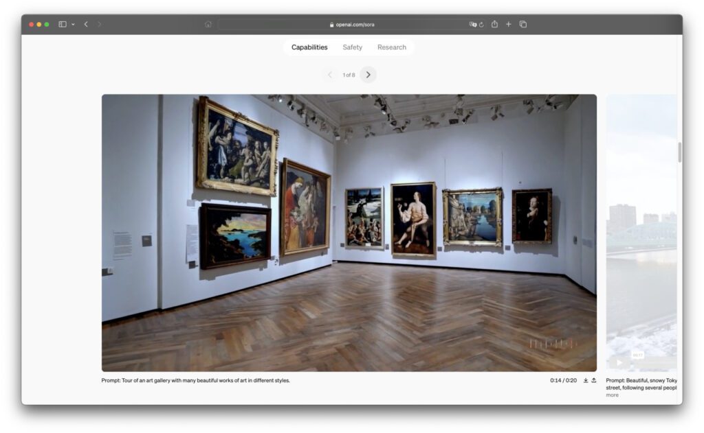 OpenAI Sora kann auch eine Galerie mit ausgestellten Kunstwerken verschiedener Stile kreieren. Der Prompt dafür ist denkbar kurz und simpel.
