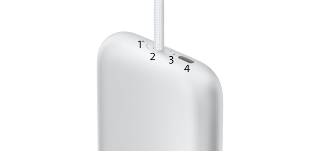 Ein Schema für den Apple Vision Pro Akku – 1: Ausgabeöffnung zum Ablösen des Kabels / 2: Kabelanschluss für die Verbindung zum Headset / 3: Status-LED, beim Aufladen aktiv / 4: USB-C-Anschluss zum Aufladen und für den Netzbetrieb.