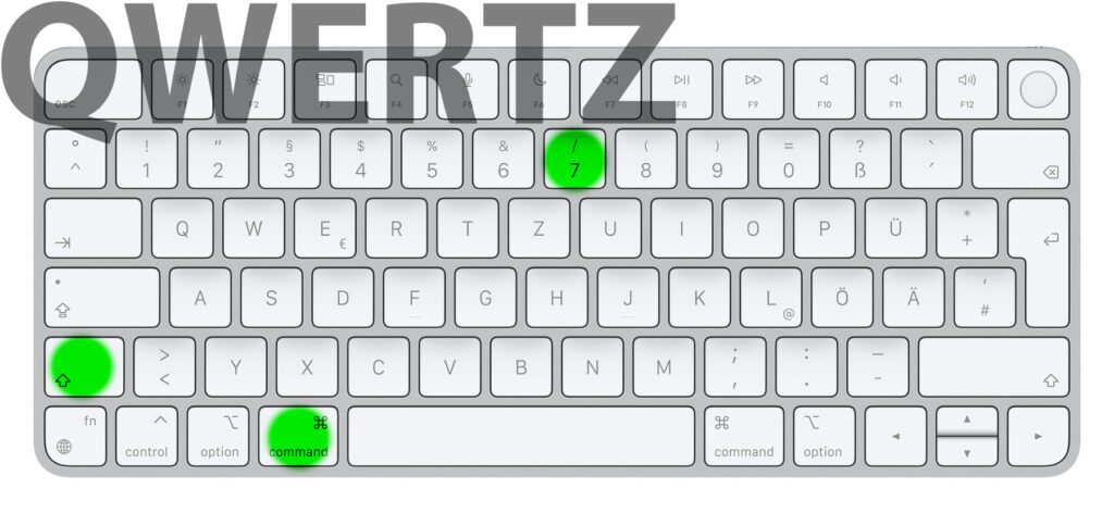 Auf der QWERTZ-Tastatur für deutschsprachige Regionen wird prinzipiell der gleiche Shortcut genutzt, durch die andere Positionierung des Schrägstrichs lässt sich aber keine Eselsbrücke aufbauen.
