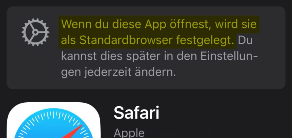 Auf der letzten Display-Anzeige des neuen Vorgehens steht es bereits: erst mit dem Installieren bzw. Öffnen der ausgewählten App ist das Festlegen des Standard-Browsers ab iOS 17.4 abgeschlossen. Das gilt auch für Safari und für den Fall, dass man das iPhone schon Jahre damit nutzt.