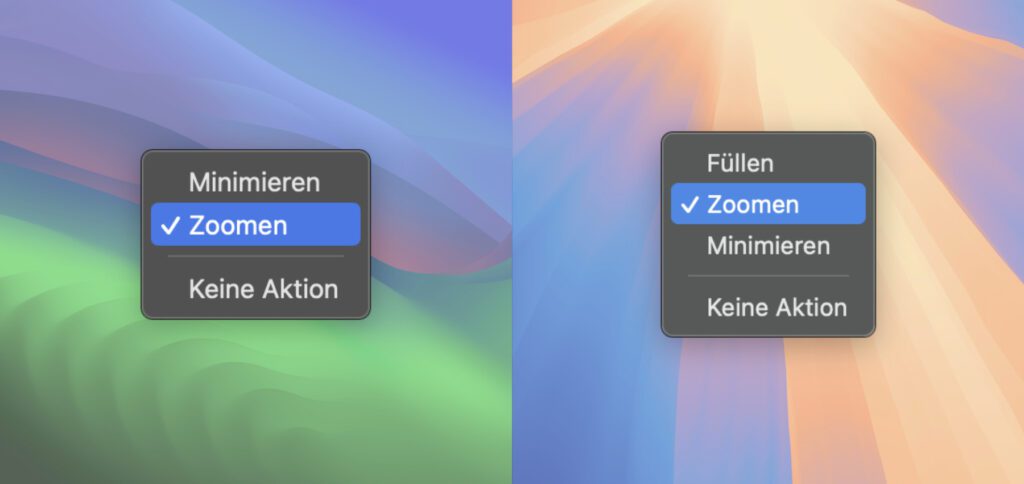 Die Doppelklick-Optionen unter macOS Sonoma (links) und macOS Sequoia (rechts).