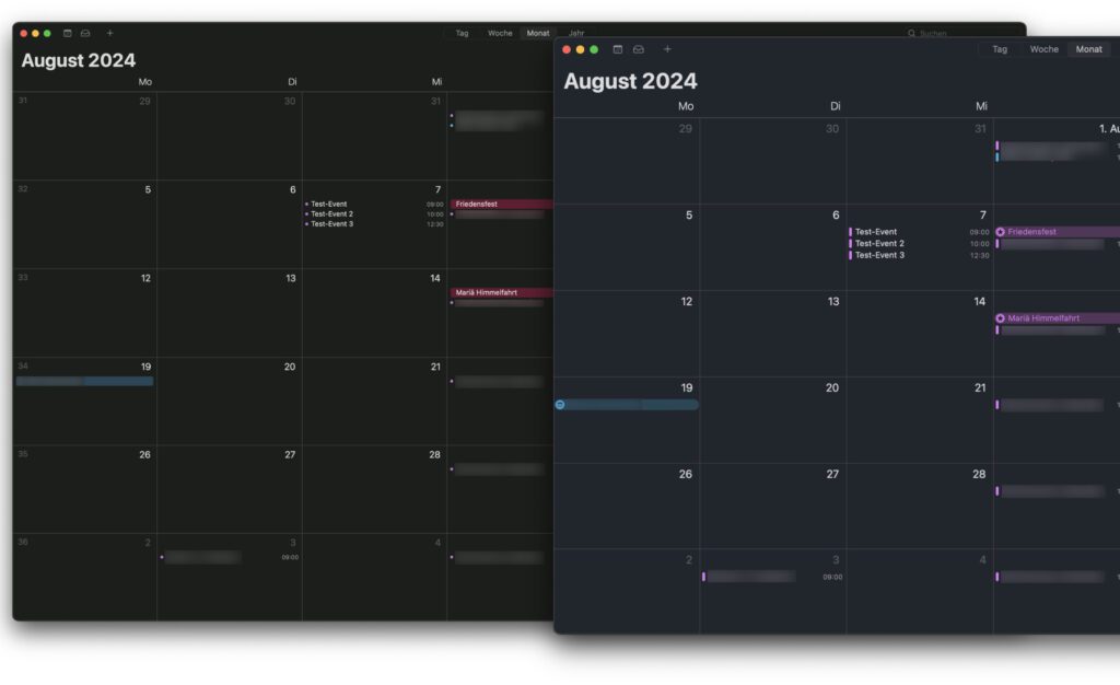 Die Monat-Ansicht im Mac Kalender – Sonoma links und Sequoia rechts.