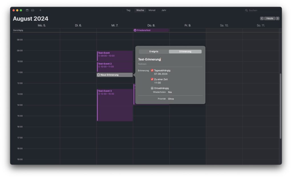 Erinnerungen in der Kalender App unter macOS 15 Sequoia (Beta-Version).