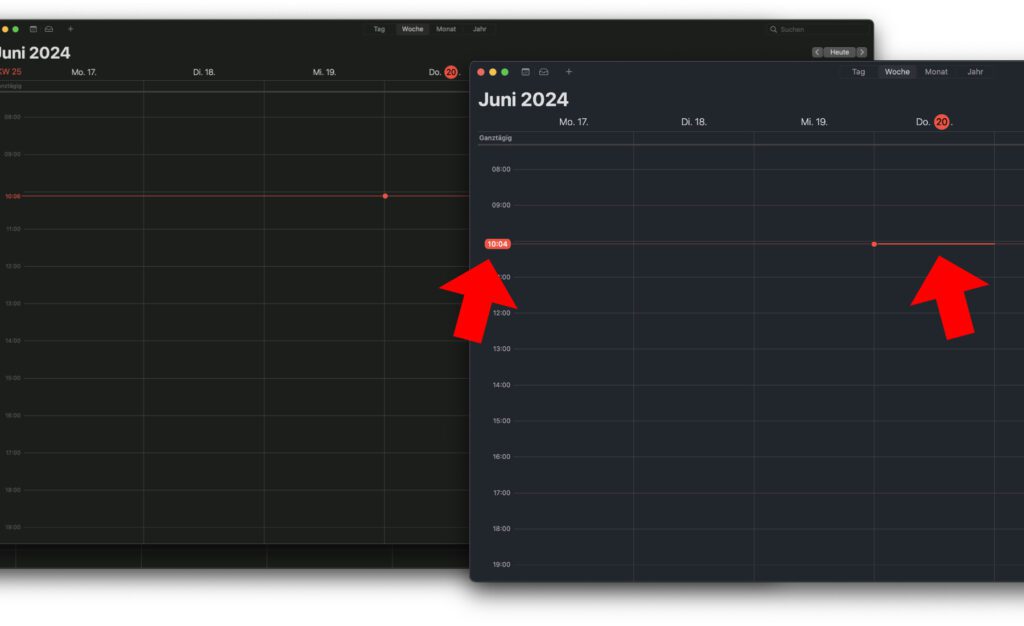 Die aktuelle Woche in der Kalender App: die Uhrzeit und der aktuelle Tag sind ab macOS 15 Sequoia (rechts) einfacher zu erkennen.