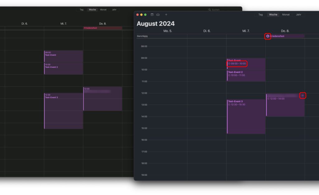 Die Woche-Ansicht der Mac Kalender App – Sonoma links, Sequoia rechts.