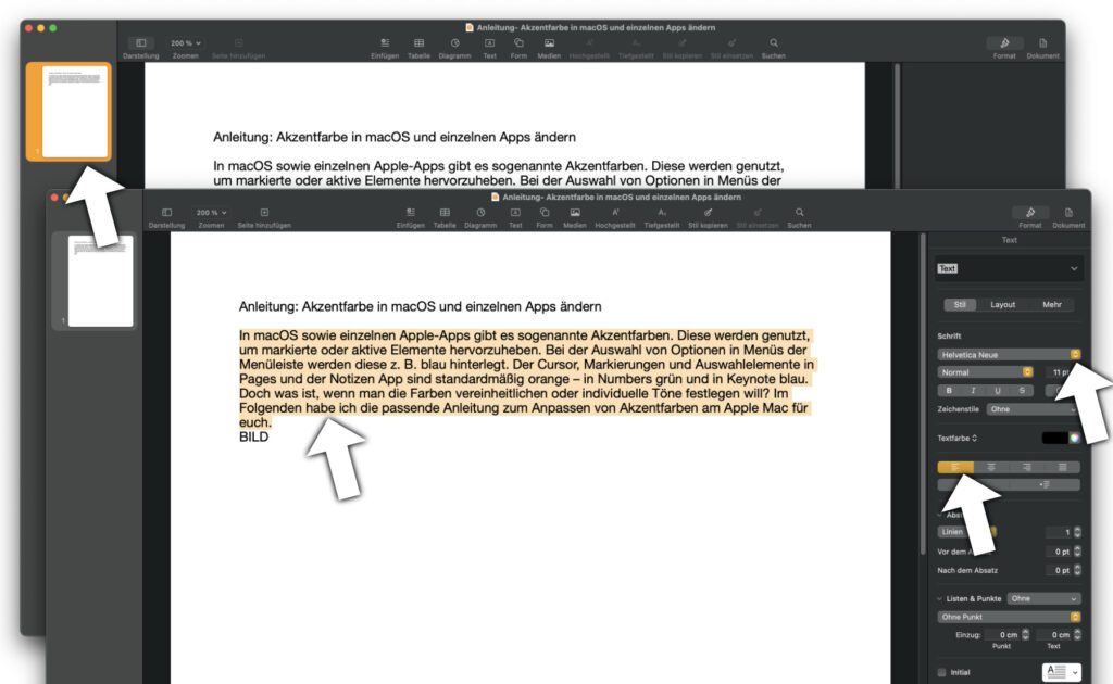Ist in den Systemeinstellungen "Mehrfarbig" für die Akzentfarbe ausgewählt, dann legt jede App ihre Farbe selber fest. In Pages äußert sich das durch orangene Elemente und Markierungen.