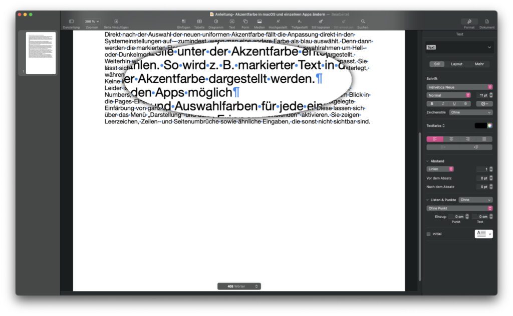 Steuerzeichen werden in Pages standardmäßig blau angezeigt – auch nach den Anpassungen von Akzentfarbe sowie Auswahlfarbe in den Systemeinstellungen.
