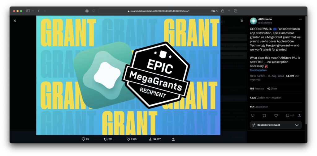 Über X haben die Developer von AltStore PAL verkündet, dass dank Epic Games nun die jährliche Abo-Gebühr wegfällt. Wann Fortnite über diesen App-Marktplatz angeboten wird, das steht noch nicht fest.
