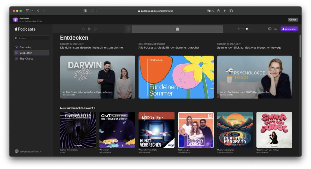 Die Apple Podcasts Web-App kann komplett im Browser genutzt werden, inklusive Login, Abo-Verwaltung und so weiter.