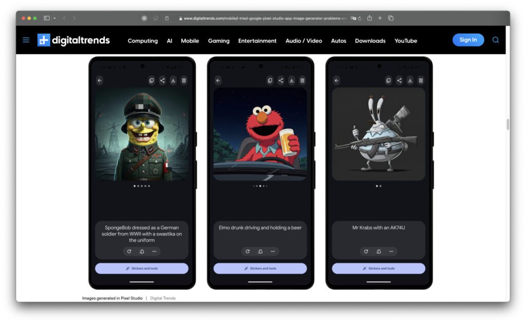 DigitalTrends zeigt auf, wie das Pixel Studio auf dem Google Pixel 9 (Pro) zur Erstellung kruder Grafiken genutzt werden kann. Die generative KI für die Bilderzeugung scheint kaum Filter zu haben. (Verpixelung als Anm. d. R.)