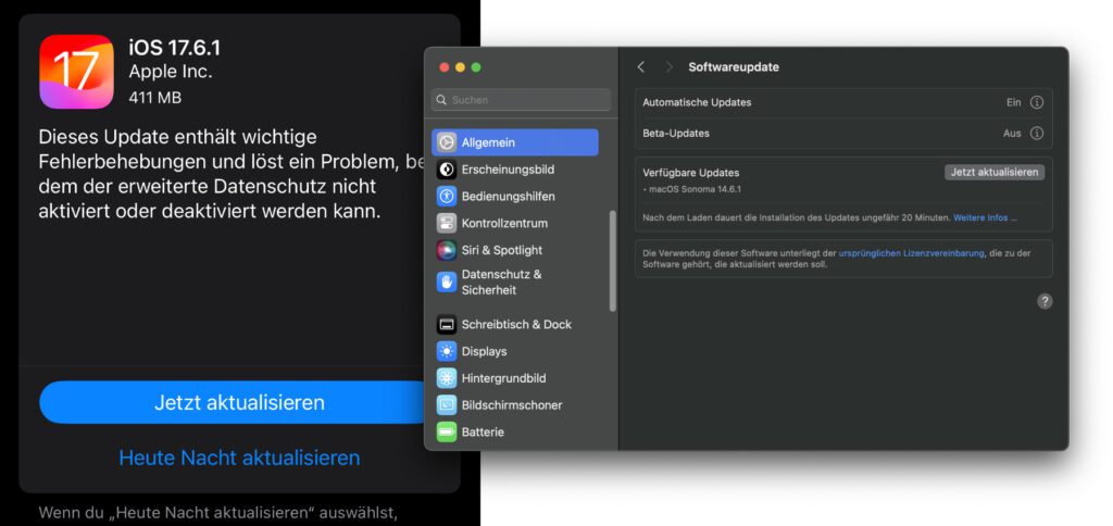 Apple hat für die Fehlerbehebung zusätzliche Updates herausgegeben. Ihr findet iOS / iPadOS 17.6.1 und iOS / iPadOS 16.7.10 sowie macOS 14.6.1 und macOS 13.6.9 in den Einstellungen von iPhone, iPad und Mac unter Allgemein -> Softwareupdate.